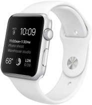 Apple Watch Sport, корпус 42 мм из серебристого алюминия, белый спортивный ремешок